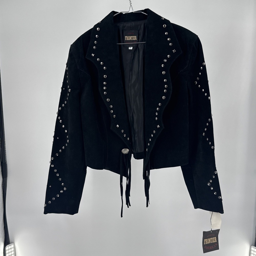 NWT North Frontier American Womens M Black Suede Studded Western Fringe Jacket